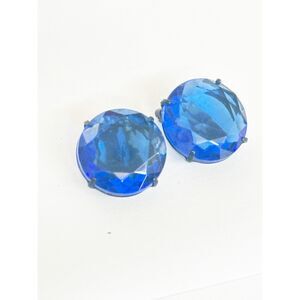 Large Blue Faceted Rhinestone Stud Earrings Unfoiled Clip On Vintage